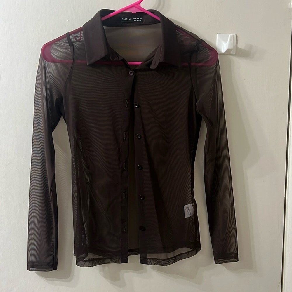 Brown button down mesh top